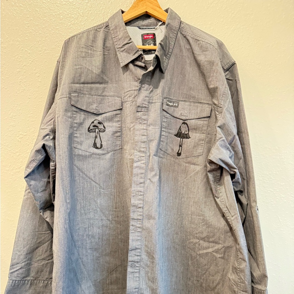 Hand Block Printed Mushroom Chambray Shirt | Wrangler Outdoor Button-Up 2XL🍄‍🟫